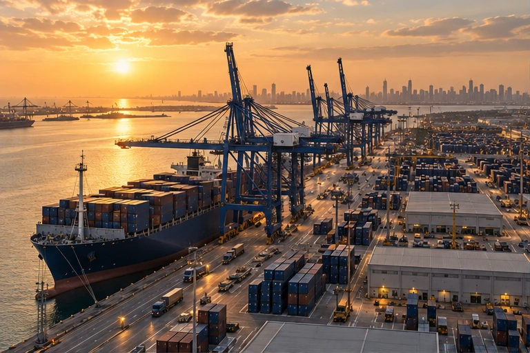 Container vessel and port cranes at golden hour