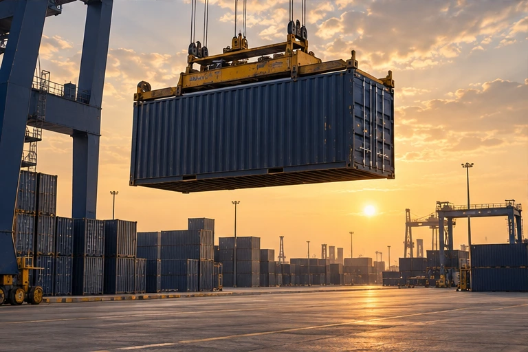 Crane handling a shipping container